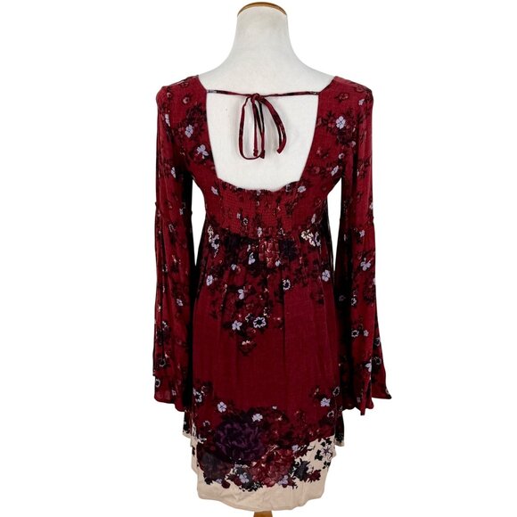 RARE Free People Floral Burgundy Bell Slv Mini Dress | Grunge Fairy Whimsigoth S - Picture 7 of 16